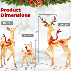 Tangkula 3-Piece Lighted Christmas Reindeer Family Set, Xmas Lighted Deer Decorations with 440 Warm White LED Lights & Stakes