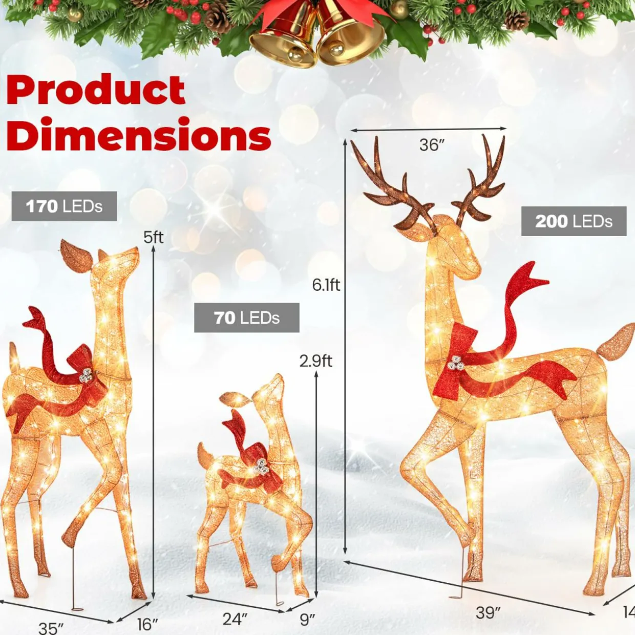 Tangkula 3-Piece Lighted Christmas Reindeer Family Set, Xmas Lighted Deer Decorations with 440 Warm White LED Lights & Stakes