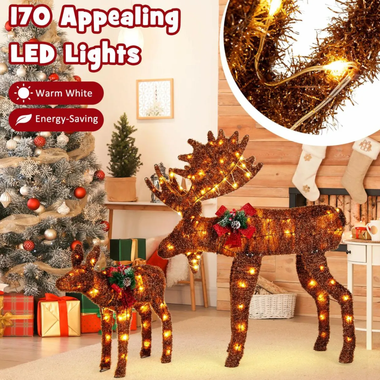 Tangkula 2-Piece Lighted Christmas Moose Family Set, Light-Up Reindeers with 170 Warm White LED Lights