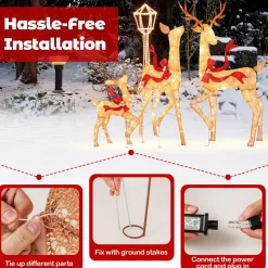 Tangkula 3-Piece Lighted Christmas Reindeer Family Set, Xmas Lighted Deer Decorations with 440 Warm White LED Lights & Stakes
