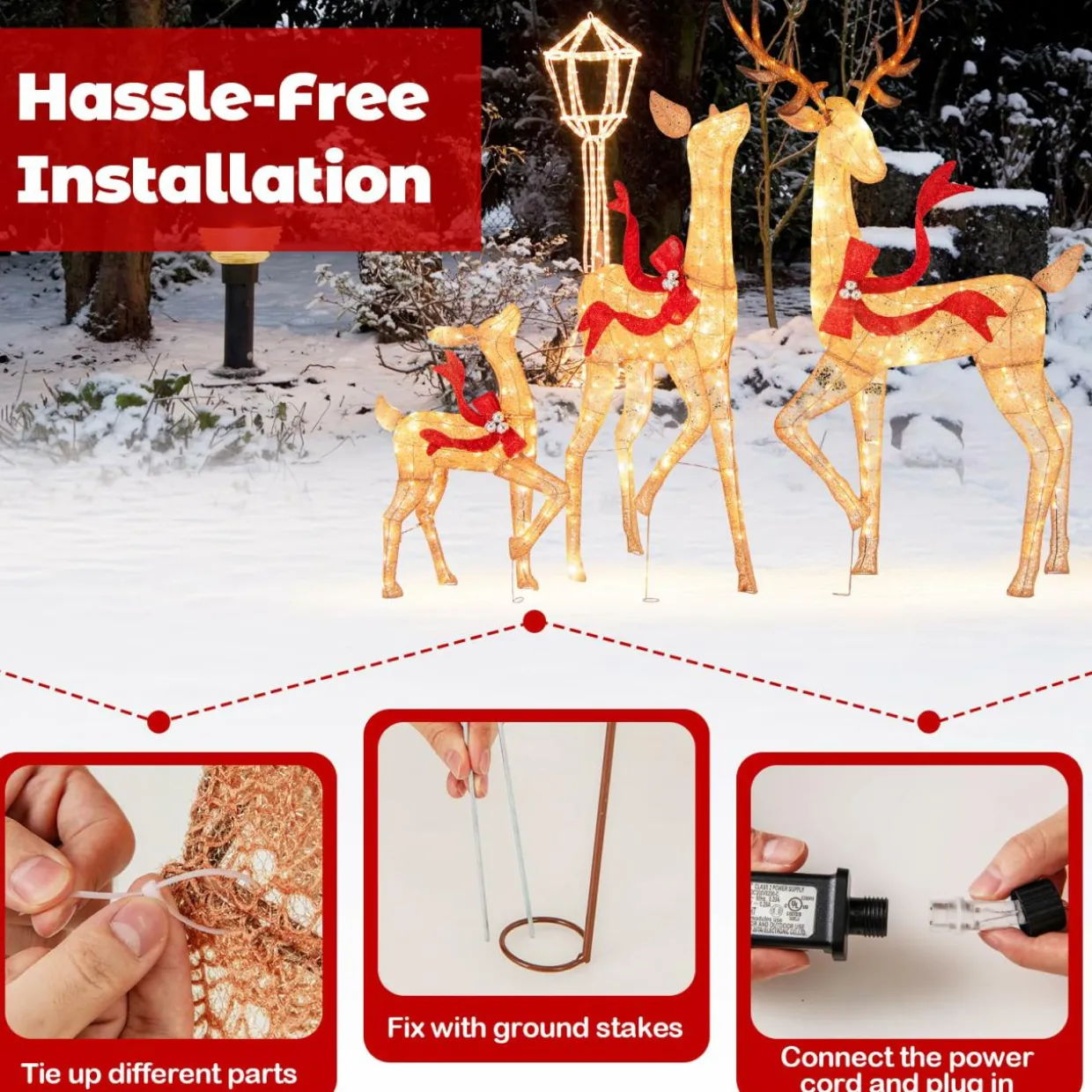 Tangkula 3-Piece Lighted Christmas Reindeer Family Set, Xmas Lighted Deer Decorations with 440 Warm White LED Lights & Stakes