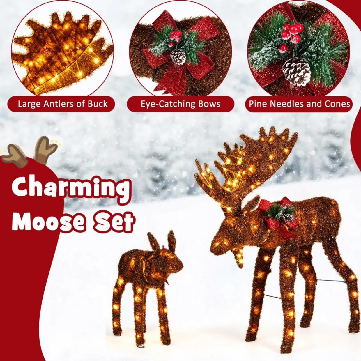 Tangkula 2-Piece Lighted Christmas Moose Family Set, Light-Up Reindeers with 170 Warm White LED Lights