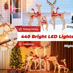 Tangkula 3-Piece Lighted Christmas Reindeer Family Set, Xmas Lighted Deer Decorations with 440 Warm White LED Lights & Stakes