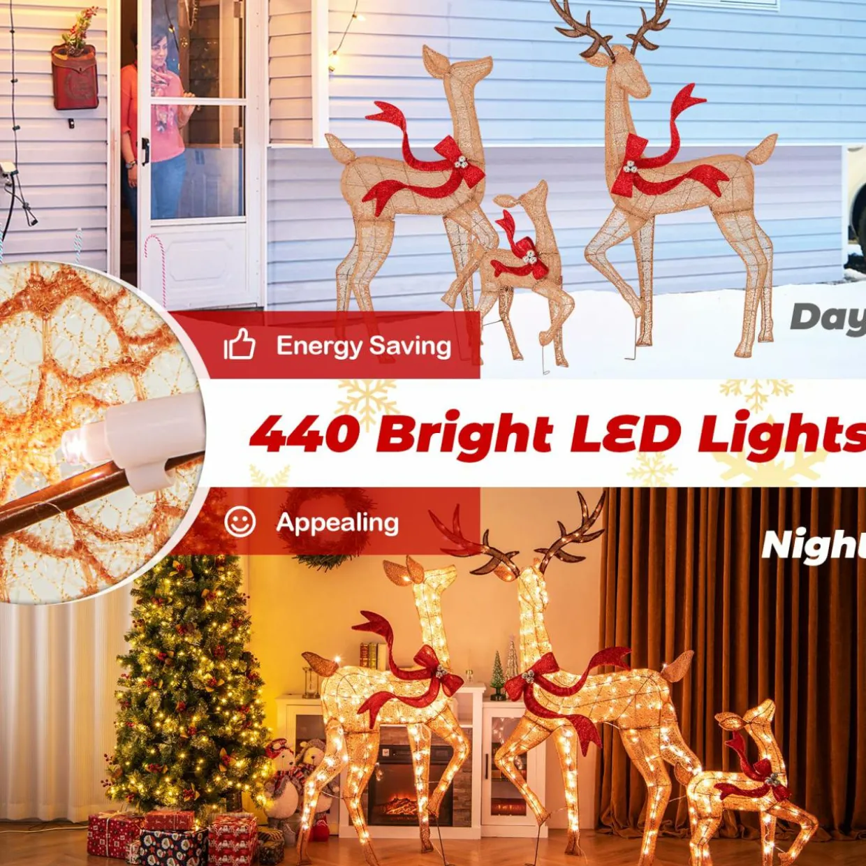 Tangkula 3-Piece Lighted Christmas Reindeer Family Set, Xmas Lighted Deer Decorations with 440 Warm White LED Lights & Stakes