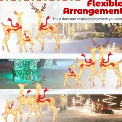 Tangkula 3-Piece Lighted Christmas Reindeer Family Set, Xmas Lighted Deer Decorations with 440 Warm White LED Lights & Stakes