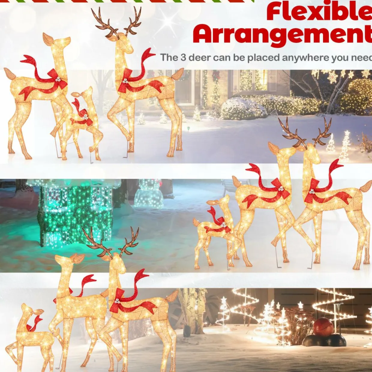 Tangkula 3-Piece Lighted Christmas Reindeer Family Set, Xmas Lighted Deer Decorations with 440 Warm White LED Lights & Stakes