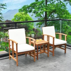 Tangkula 3-Piece Outdoor Acacia Wood Sofa Set w/Cushions