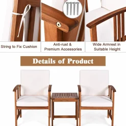 Tangkula 3-Piece Outdoor Acacia Wood Sofa Set w/Cushions