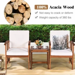 Tangkula 3-Piece Outdoor Acacia Wood Sofa Set w/Cushions
