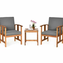 Tangkula 3-Piece Outdoor Acacia Wood Sofa Set w/Cushions