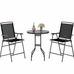 Tangkula 3-Piece Outdoor Bar Set, Counter Height Patio Bistro Furniture Set with DPC Tabletop & Umbrella Hole