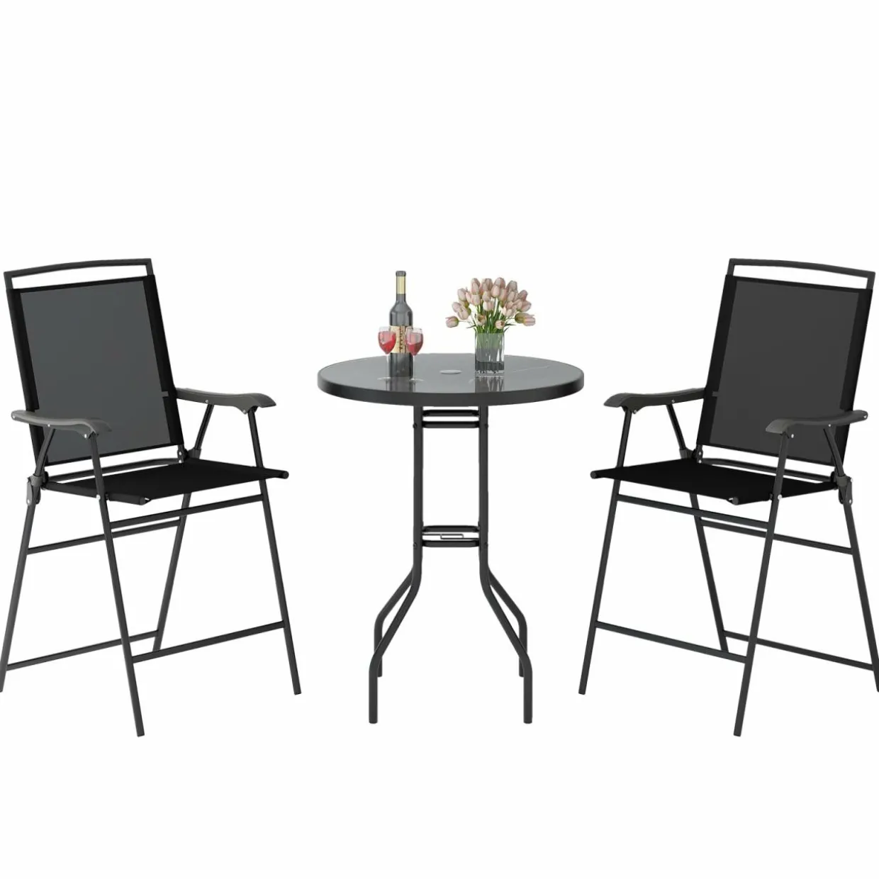 Tangkula 3-Piece Outdoor Bar Set, Counter Height Patio Bistro Furniture Set with DPC Tabletop & Umbrella Hole