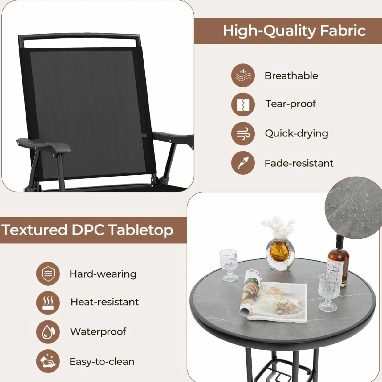 Tangkula 3-Piece Outdoor Bar Set, Counter Height Patio Bistro Furniture Set with DPC Tabletop & Umbrella Hole