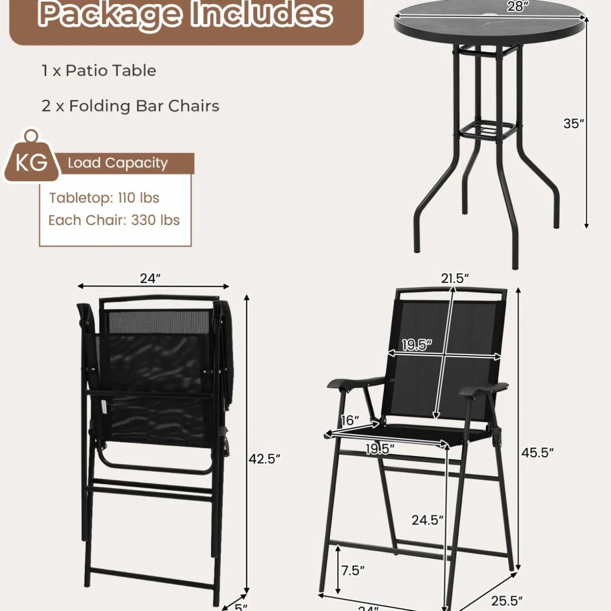 Tangkula 3-Piece Outdoor Bar Set, Counter Height Patio Bistro Furniture Set with DPC Tabletop & Umbrella Hole