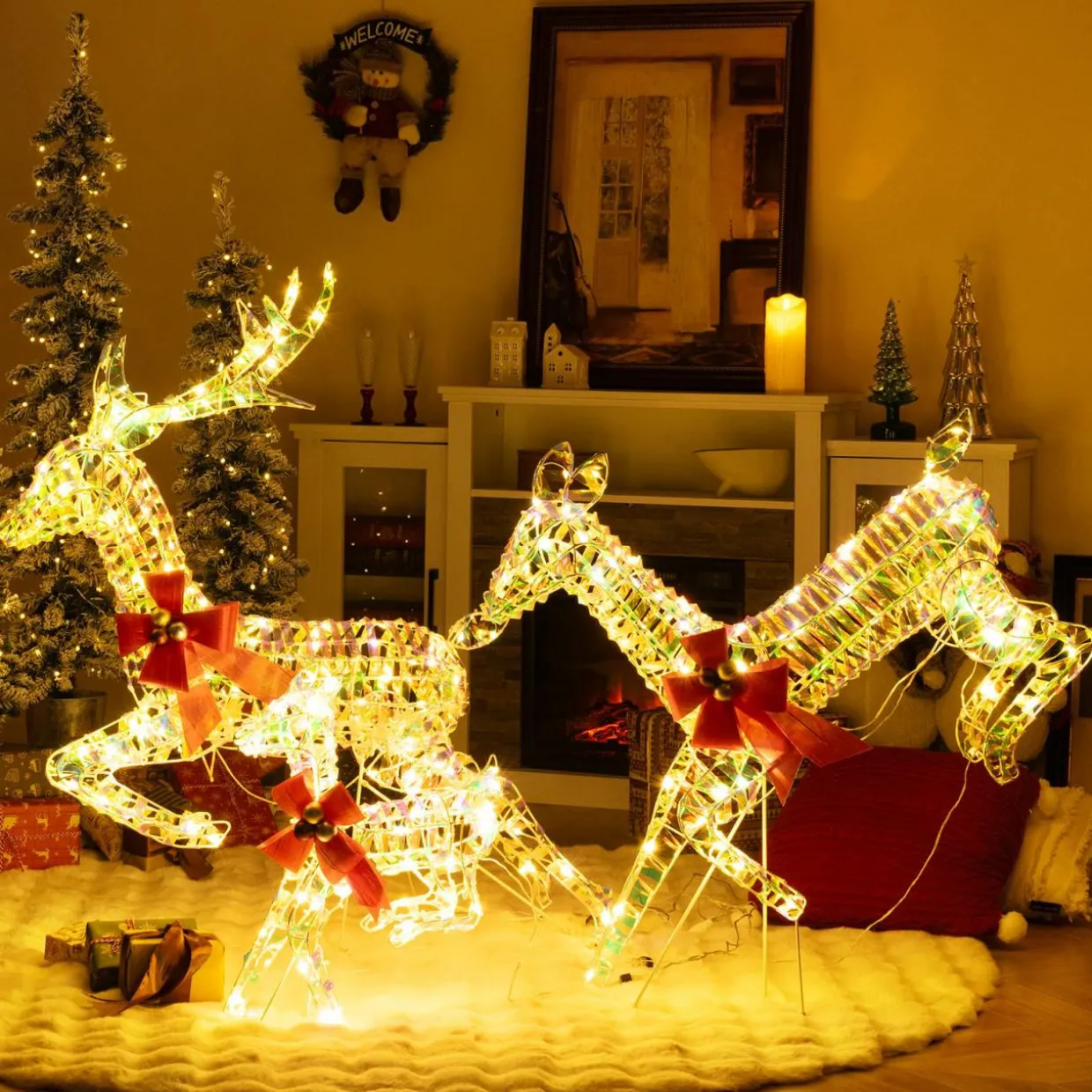 Tangkula 3-Piece Outdoor Christmas Lighted Reindeer Family Set, Light up Xmas Deer Decorations ( 3.4 FT+3.1 FT+1.6 FT )