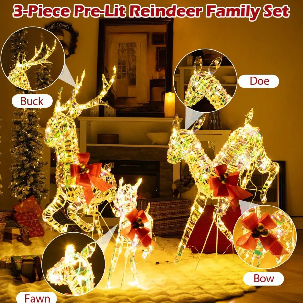 Tangkula 3-Piece Outdoor Christmas Lighted Reindeer Family Set, Light up Xmas Deer Decorations ( 3.4 FT+3.1 FT+1.6 FT )