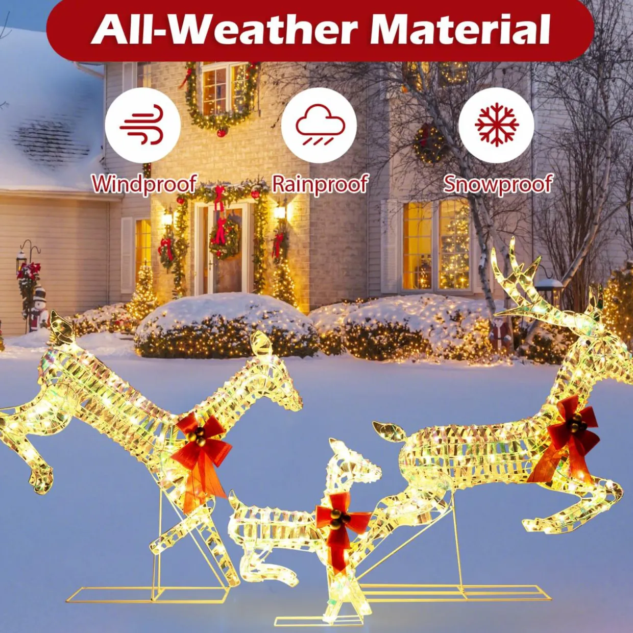 Tangkula 3-Piece Outdoor Christmas Lighted Reindeer Family Set, Light up Xmas Deer Decorations ( 3.4 FT+3.1 FT+1.6 FT )