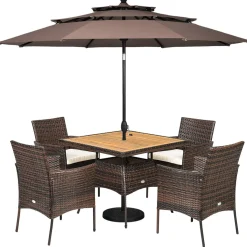 Tangkula 6-Piece Outdoor Dining Set, PE Wicker Patio Dining Table and Chairs Set with Cushions