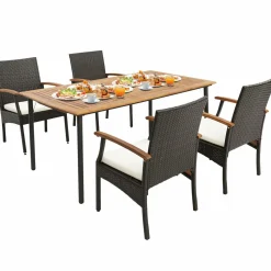 Tangkula 5-Piece Outdoor Dining Set with Acacia Wood Table & 4 Wicker Rattan Armrest Chairs