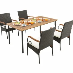 Tangkula 5-Piece Outdoor Dining Set with Acacia Wood Table & 4 Wicker Rattan Armrest Chairs