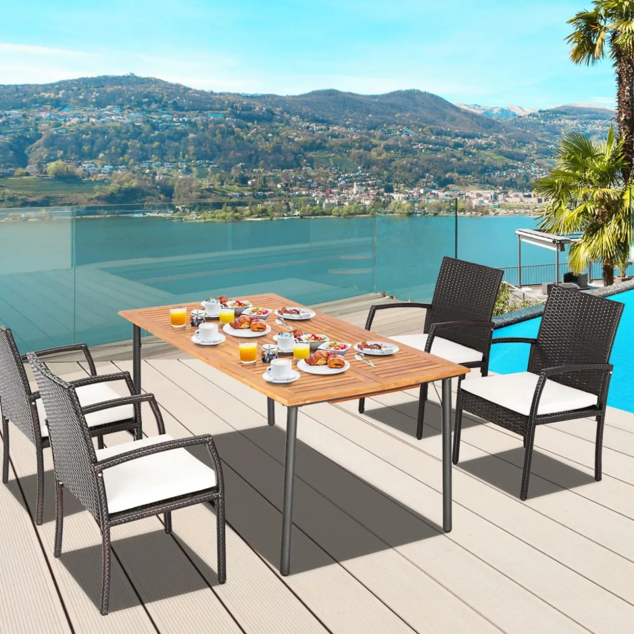 Tangkula 5-Piece Outdoor Dining Set with Acacia Wood Table & 4 Wicker Rattan Armrest Chairs