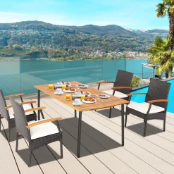 Tangkula 5-Piece Outdoor Dining Set with Acacia Wood Table & 4 Wicker Rattan Armrest Chairs