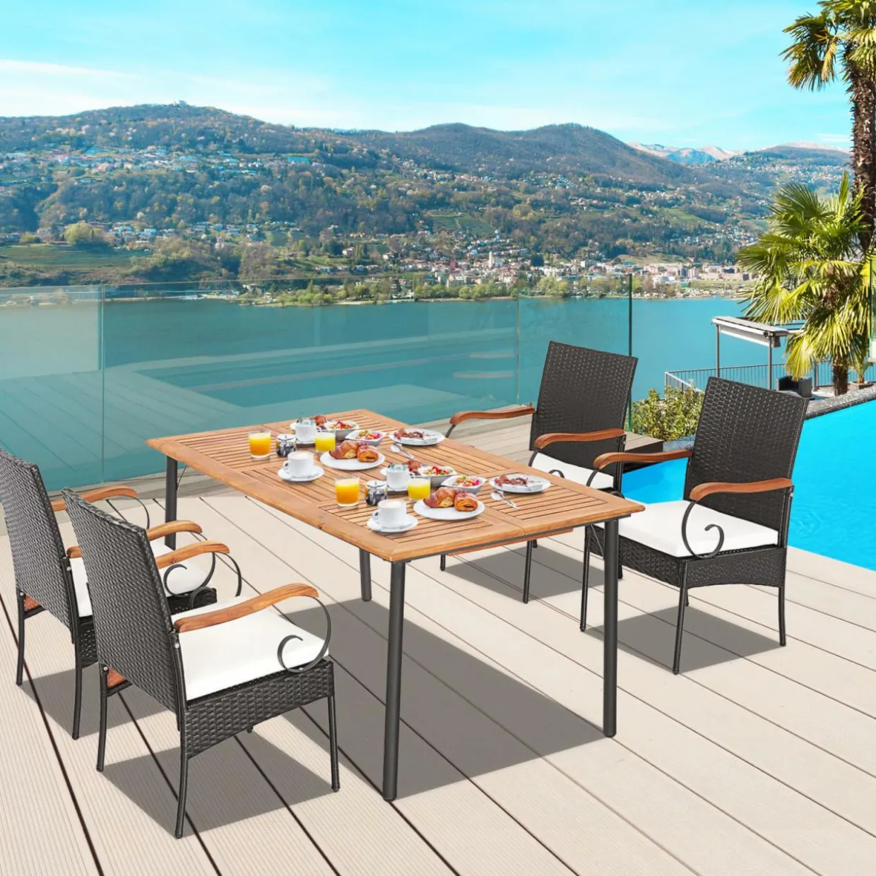 Tangkula 5-Piece Outdoor Dining Set with Acacia Wood Table & 4 Wicker Rattan Armrest Chairs