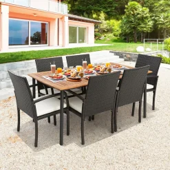 Tangkula 5-Piece Outdoor Dining Set with Acacia Wood Table & 4 Wicker Rattan Armrest Chairs
