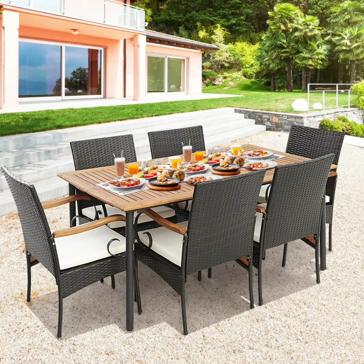Tangkula 5-Piece Outdoor Dining Set with Acacia Wood Table & 4 Wicker Rattan Armrest Chairs