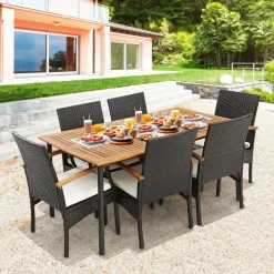 Tangkula 5-Piece Outdoor Dining Set with Acacia Wood Table & 4 Wicker Rattan Armrest Chairs
