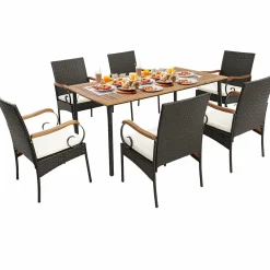 Tangkula 5-Piece Outdoor Dining Set with Acacia Wood Table & 4 Wicker Rattan Armrest Chairs