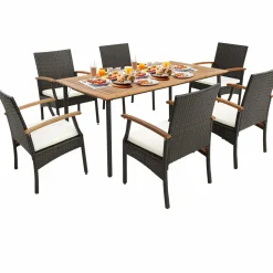 Tangkula 5-Piece Outdoor Dining Set with Acacia Wood Table & 4 Wicker Rattan Armrest Chairs