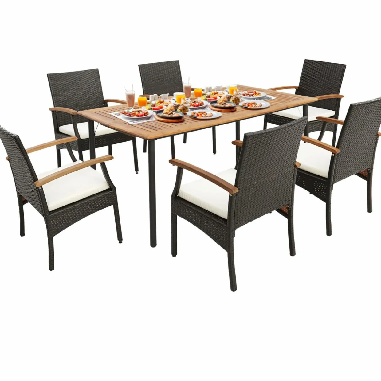 Tangkula 5-Piece Outdoor Dining Set with Acacia Wood Table & 4 Wicker Rattan Armrest Chairs