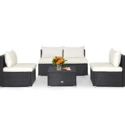 Tangkula 5-Piece Outdoor Patio Furniture Set, Patiojoy PE Wicker Conversation Set with Cushions and Coffee Table