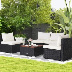 Tangkula 5-Piece Outdoor Patio Furniture Set, Patiojoy PE Wicker Conversation Set with Cushions and Coffee Table