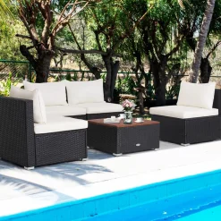 Tangkula 5-Piece Outdoor Patio Furniture Set, Patiojoy PE Wicker Conversation Set with Cushions and Coffee Table
