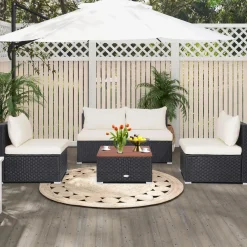 Tangkula 5-Piece Outdoor Patio Furniture Set, Patiojoy PE Wicker Conversation Set with Cushions and Coffee Table
