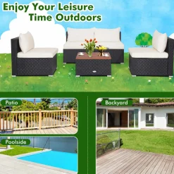 Tangkula 5-Piece Outdoor Patio Furniture Set, Patiojoy PE Wicker Conversation Set with Cushions and Coffee Table