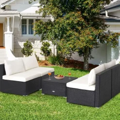Tangkula 5-Piece Outdoor Patio Furniture Set, Patiojoy PE Wicker Conversation Set with Cushions and Coffee Table