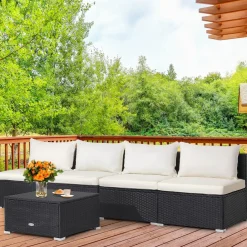 Tangkula 5-Piece Outdoor Patio Furniture Set, Patiojoy PE Wicker Conversation Set with Cushions and Coffee Table