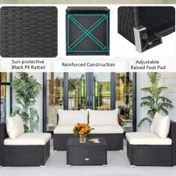 Tangkula 5-Piece Outdoor Patio Furniture Set, Patiojoy PE Wicker Conversation Set with Cushions and Coffee Table