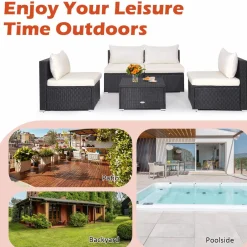 Tangkula 5-Piece Outdoor Patio Furniture Set, Patiojoy PE Wicker Conversation Set with Cushions and Coffee Table