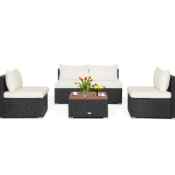 Tangkula 5-Piece Outdoor Patio Furniture Set, Patiojoy PE Wicker Conversation Set with Cushions and Coffee Table