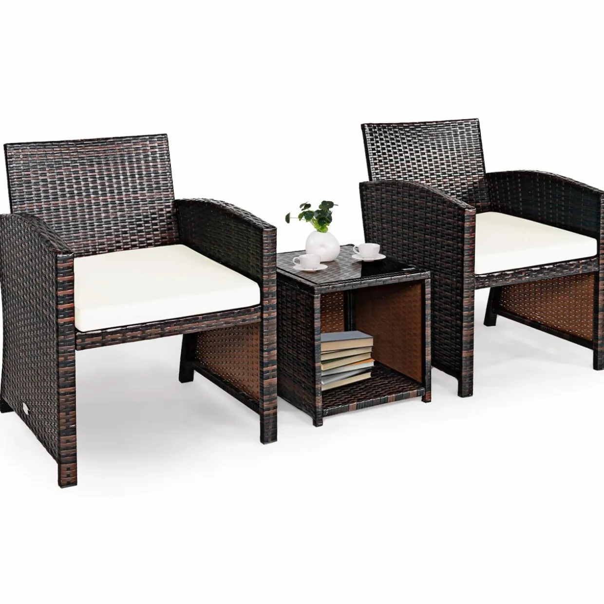 Tangkula 3-Piece Outdoor PE Rattan Furniture Set, Patio Conversation Set w/Chair & Storage Coffee Table