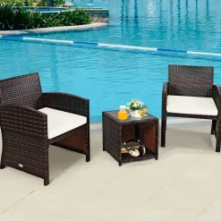 Tangkula 3-Piece Outdoor PE Rattan Furniture Set, Patio Conversation Set w/Chair & Storage Coffee Table