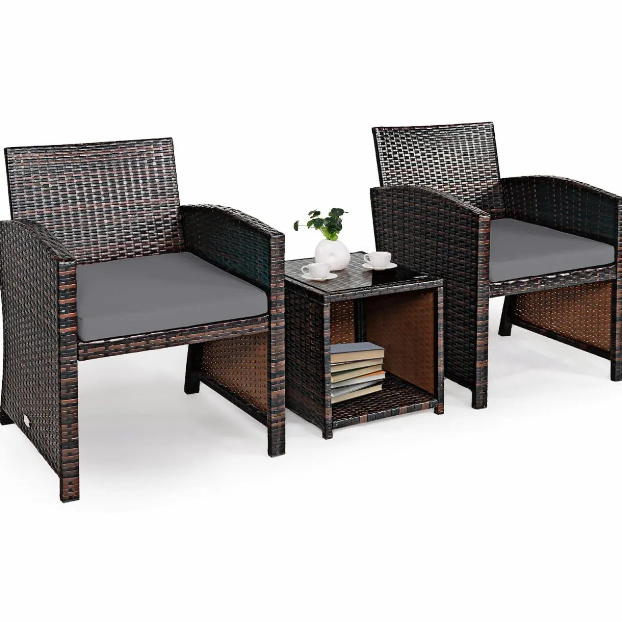 Tangkula 3-Piece Outdoor PE Rattan Furniture Set, Patio Conversation Set w/Chair & Storage Coffee Table