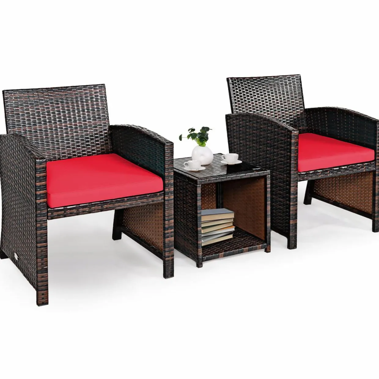 Tangkula 3-Piece Outdoor PE Rattan Furniture Set, Patio Conversation Set w/Chair & Storage Coffee Table