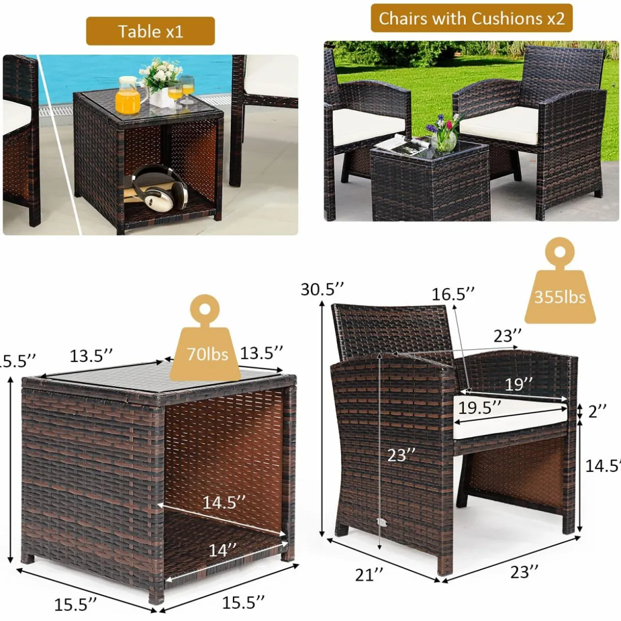 Tangkula 3-Piece Outdoor PE Rattan Furniture Set, Patio Conversation Set w/Chair & Storage Coffee Table