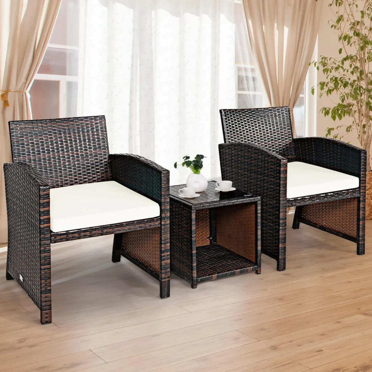 Tangkula 3-Piece Outdoor PE Rattan Furniture Set, Patio Conversation Set w/Chair & Storage Coffee Table