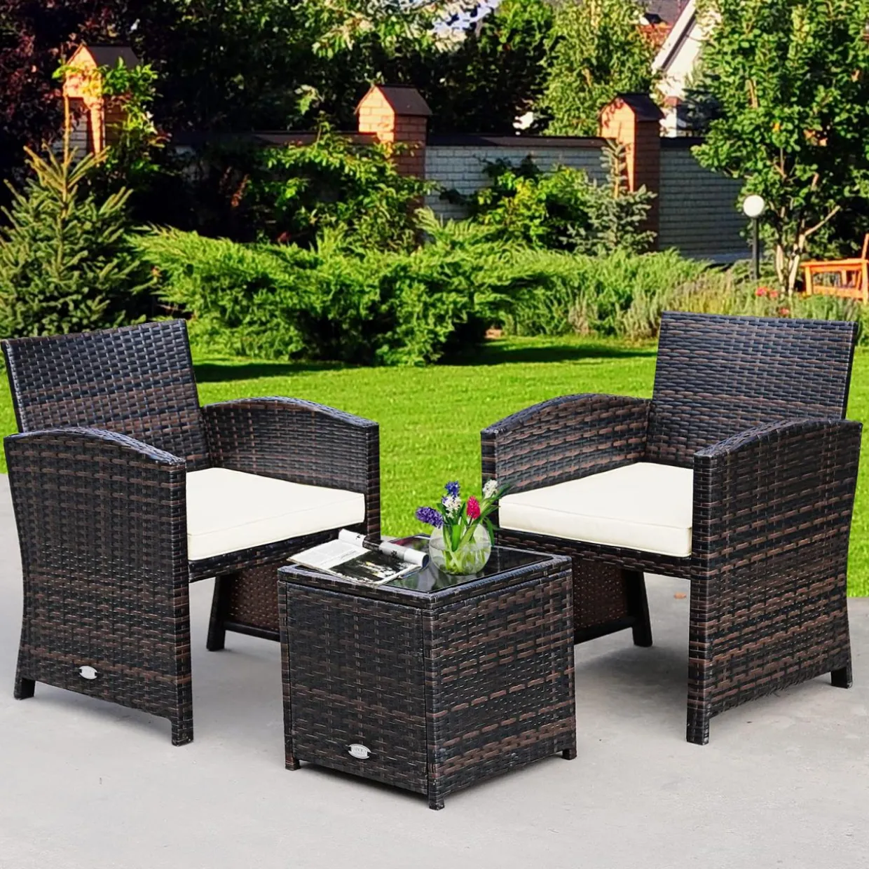 Tangkula 3-Piece Outdoor PE Rattan Furniture Set, Patio Conversation Set w/Chair & Storage Coffee Table